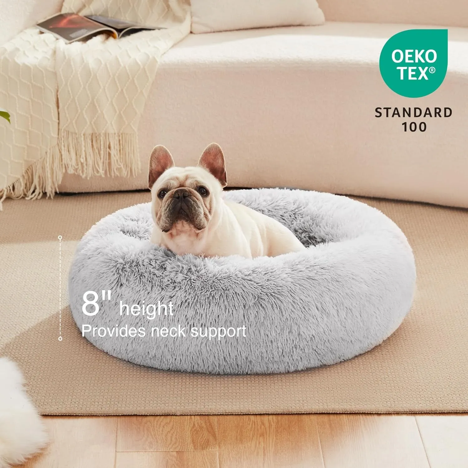 24In Cat Beds for Indoor Cats - Cat Bed with Machine Washable, Waterproof Bottom - Grey Fluffy Dog and Cat Calming Cushion Bed for Joint-Relief and Sleep Improvement