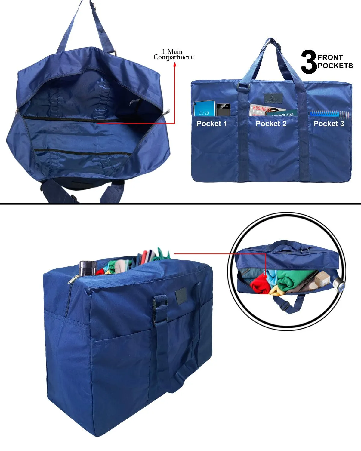 Deeya Ballistic Nylon Large Size Unisex Foldable Travel Duffle Bag with Small Cover Bag (Blue)