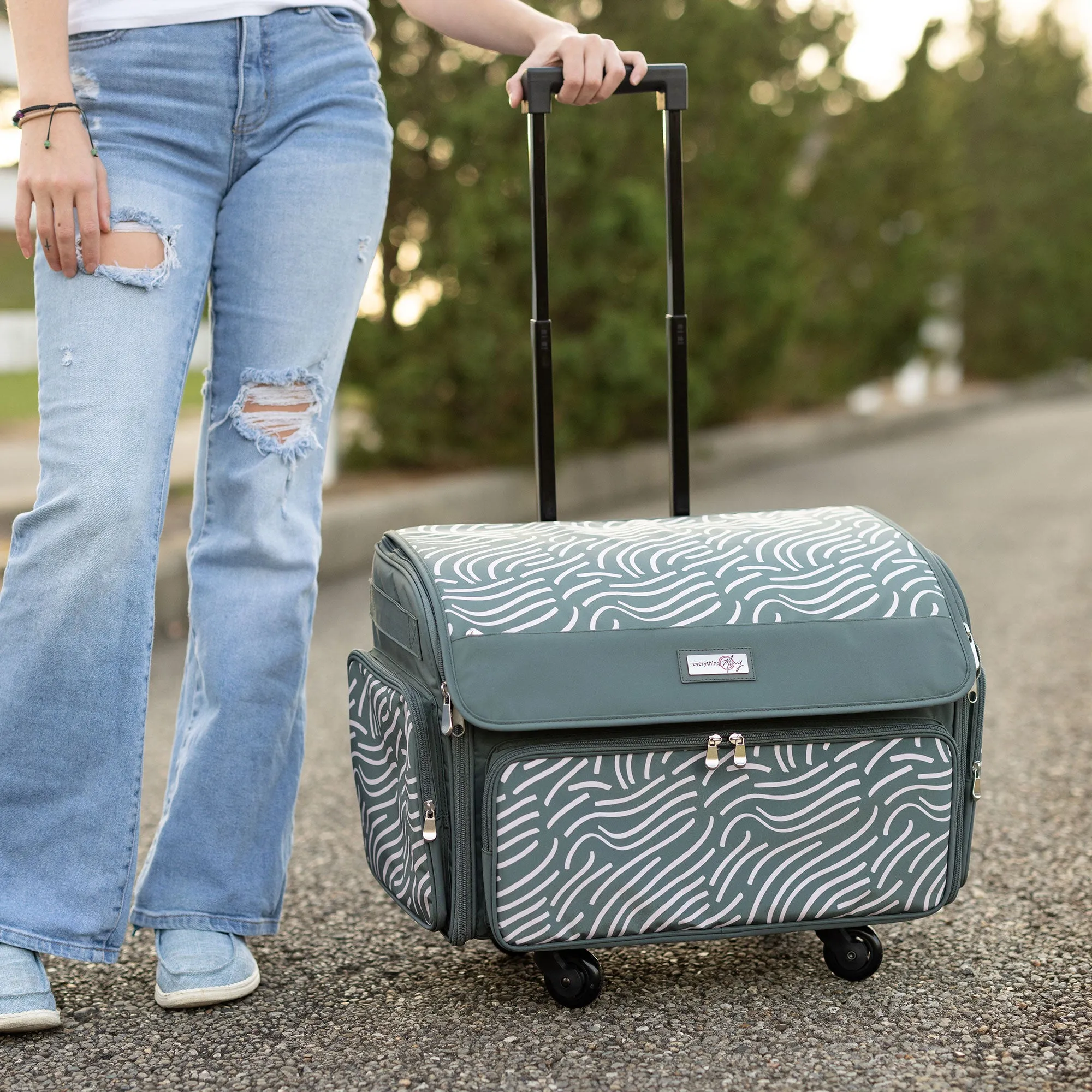 XL 4 Wheel Collapsible Deluxe Rolling Sewing Machine Storage Case, Grey & White